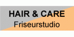Schwarz-orange Logo mit „HAIR & CARE Friseurstudio“ in schwarzer Schrift.
