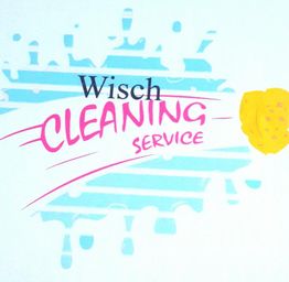 Logo eines Reinigungsdienstes mit Schwammgrafik, Text "Wisch Cleaning Service" auf hellblauem Hintergrund.