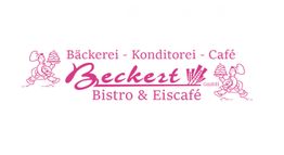 Logo von "Beckert GmbH", Bäckerei, Konditorei, Café, Bistro & Eiscafé in rosa Schrift.