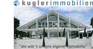 Modernes Gebäude mit großem Glasdach, Kugler Immobilien Logo und Slogan "als wär’s unsere eigene Immobilie".
