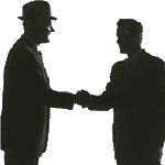 Zwei Männer schütteln sich die Hände, Silhouetten in Anzügen, einer trägt einen Hut.