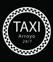 Logo de taxi con borde a cuadros. Texto: "TAXI Arroyo 24/7". Fondo negro.