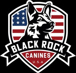 Shield-shaped logo of a dog, USA flag, text "Black Rock Canines" with "U.S.A" below.
