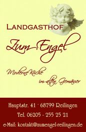 Flyer: Landgasthof Zum Engel, moderne Küche in Reilingen. Adresse und Kontaktdaten enthalten.
