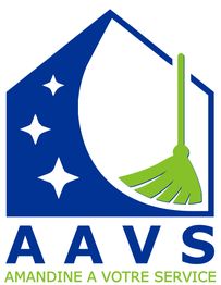 Logo de maison bleue avec étoile, balai vert, texte "AAVS Amandine à votre service".