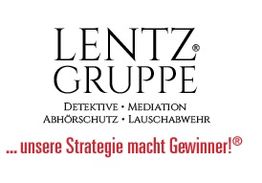 Logo der Lentz Gruppe: Detektive, Mediation, Abhörschutz. Text: "Unsere Strategie macht Gewinner!"