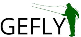 Silhouette d'un pêcheur à la mouche en vert à côté du texte "GEFLY" en noir.