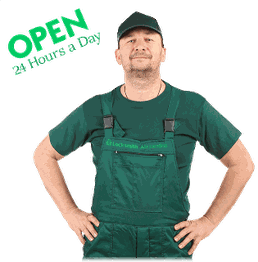 Man in green work uniform standing confidently, text reads "OPEN 24 Hours a Day."