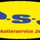 Logo mit gelbem Oval, blauer Schrift "P-s-J.de", rotem Text "Plakatier­service Jahn".
