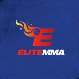 "Elite MMA logo with stylized flaming 'E' on a blue background."