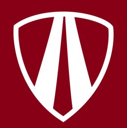 Rotes Wappen mit einem stilisierten weißen Krawattenlogo in der Mitte.