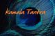 Texto "Kamala Tantra" sobre pluma de pavo real en tonos azules y verdes.