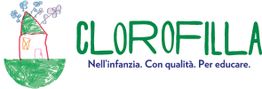 Disegno di casa colorato e scritta "CLOROFILLA. Nell’infanzia. Con qualità. Per educare."