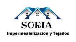 Logotipo de Soria con tres techos azules y texto "Impermeabilización y Tejados".