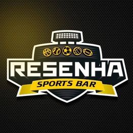 Logo do "Resenha Sports Bar" com ícones de esportes e fundo preto.