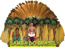 Tänzer in bunten Samba-Kostümen mit Federschmuck, vorne ein Trommler. Text: "SAMBA DO BRASIL".