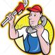 Illustrazione di un idraulico con cappello rosso che tiene una chiave inglese e un telefono.