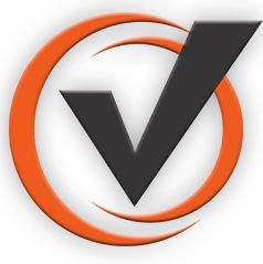 Logotipo com círculo laranja e letra "V" cinza sobreposta.