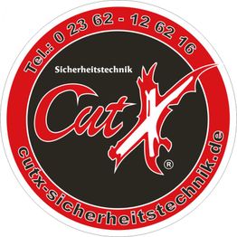 Rotes Logo "Cut X Sicherheitstechnik" mit Telefonnummer und Website: cutx-sicherheitstechnik.de