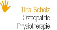 Gelbes Hand-Icon, Text: Tina Scholz, Osteopathie, Physiotherapie.