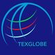 Logo mit blauen, roten und grünen Linien wie eine Weltkugel. Text: "Texglobe", blauer Hintergrund.
