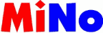 Schriftzug "MiNo" in roter und blauer Farbe, stilisierter Schriftart.