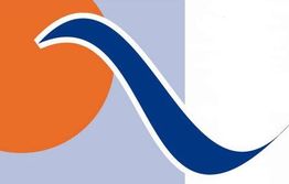 Abstrakte Grafik mit orangefarbenem Kreis und geschwungener blauer Linie auf grauem Hintergrund.
