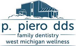 Logo for P. Piero DDS: family dentistry and wellness in West Michigan with building illustration.