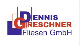 Logo mit Text: "Dennis Greschner Fliesen GmbH" in Blau und Rot, überlappende Quadrate im Hintergrund.
