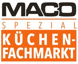 Logo des MACO Spezial Küchenfachmarkts in Schwarz und Orange.