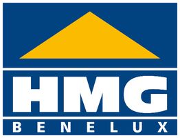 Logo mit blauem Hintergrund, gelbem Dreieck und Text "HMG BENELUX".