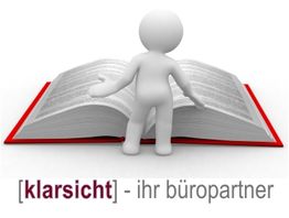 3D-Figur vor einem großen aufgeschlagenen Buch. Text: "[klarsicht] - ihr büropartner".