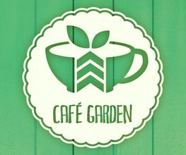 Logo von Café Garden, grüne Tasse mit Blättern, auf grünem Hintergrund.