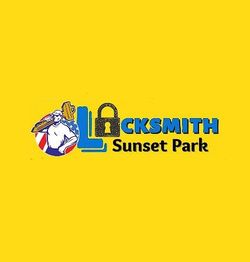Logo for Locksmith Sunset Park with a key, lock, and worker graphic on a yellow background.