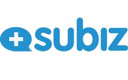 Logotipo azul da Subiz com um ícone de balão de fala e sinal de mais.