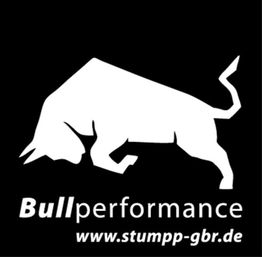 Weiße Silhouette eines Stiers mit Text "Bullperformance" und "www.stumpp-gbr.de" auf schwarzem Hintergrund.