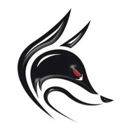 Abstraktes, schwarz-rotes Fuchslogo mit glatten Linien und einem hellroten Auge.
