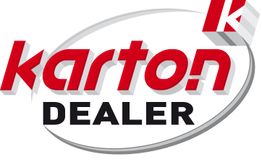 Logo mit dem Text "Karton Dealer" in Rot und Schwarz, mit einem stilisierten K im Hintergrund.