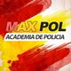 Texto "MAX POL ACADEMIA DE POLICÍA" sobre fondo rojo, amarillo y blanco pintado con brochazos.
