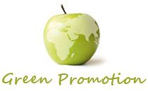 Grüner Apfel mit Weltkarte, darunter Text "Green Promotion".