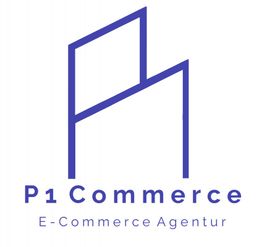Logo von P1 Commerce, E-Commerce Agentur, mit stilisiertem Gebäude in Blau.