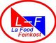 Logo mit rotem und blauem Dreieck, Text: "L-F La Food Feinkost" in einem roten ovalen Rahmen.