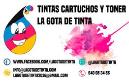 Dibujo de gota sonriente y texto de contacto para "La Gota de Tinta". Información de redes.