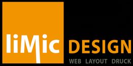 Logo mit orangefarbenem liMic-Symbol, daneben Text "DESIGN WEB LAYOUT DRUCK" in Schwarz und Orange.