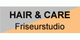 Schwarz-orange Logo mit „HAIR & CARE Friseurstudio“ in schwarzer Schrift.