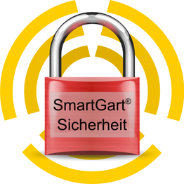 Schloss mit der Aufschrift "SmartGart® Sicherheit" vor gelbem Kreissymbol.