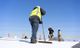 Construction workers in safety gear working on a flat roof under a clear blue sky.