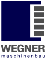 Logo von Wegner Maschinenbau mit blauem Quadrat und grauen Textstreifen daneben.