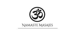Símbolo del mantra Om encima del texto "Namaste Masajes".