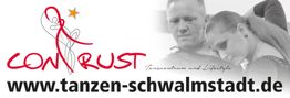 Website-Logo mit Tänzern und Schriftzug: "CONTRAST", www.tanzen-schwalmstadt.de.
